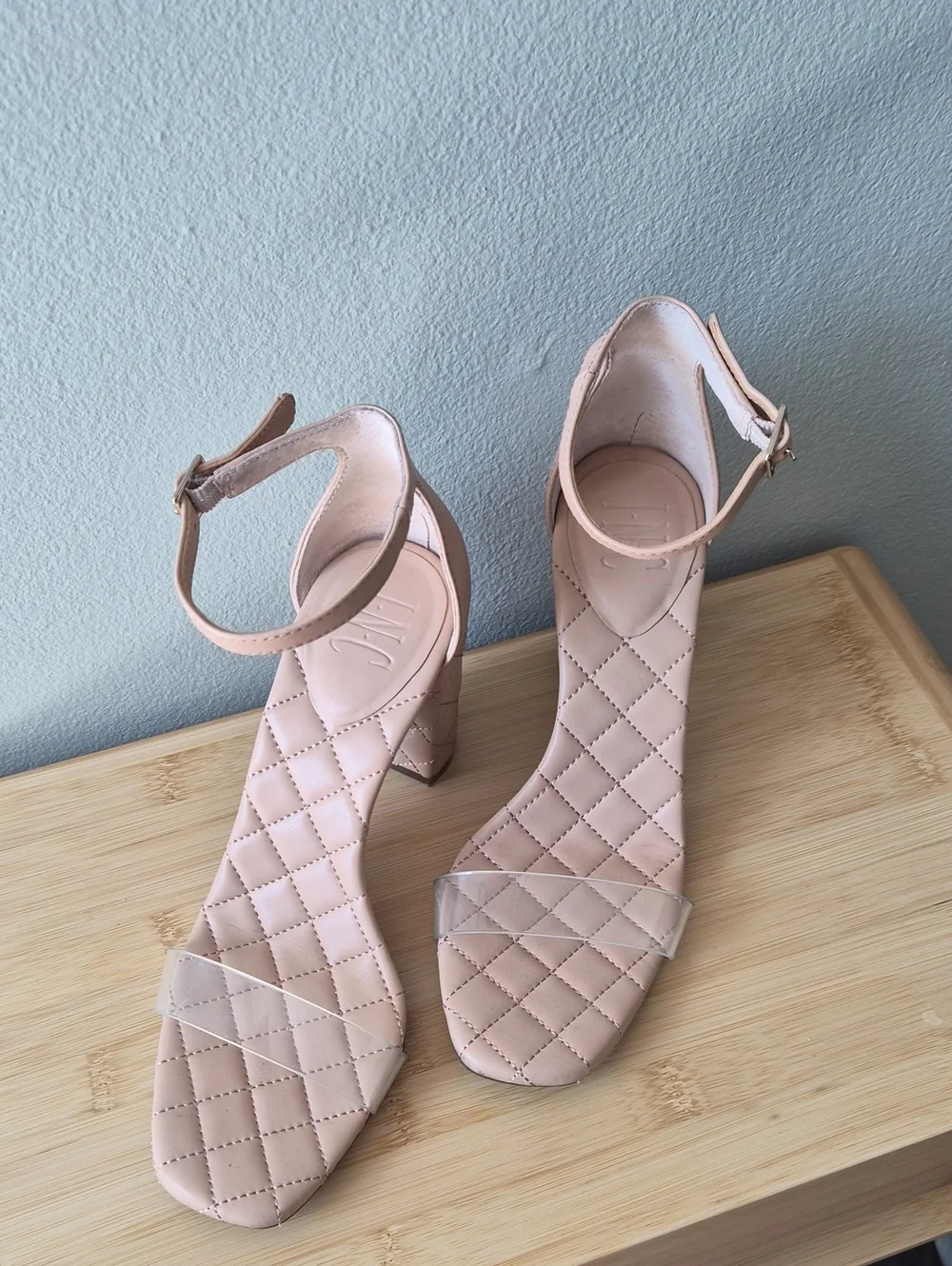 INC Women's Nude Quilted Block Heel Sandals with Clear Strap